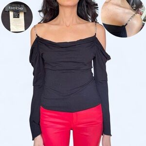 Bebe Y2K Black Cold-Shoulder Chain Strap Top 🖤✨